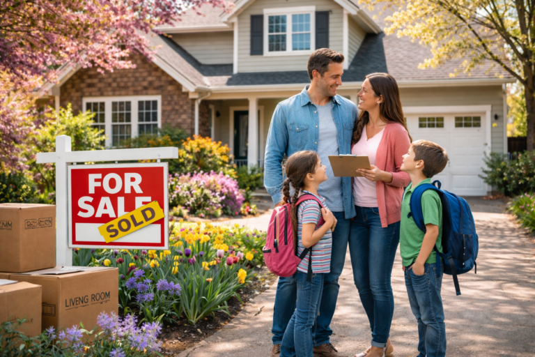 Family with school aged kids standing in front of a house with a sold sign.