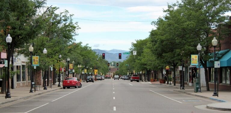 Mother's Day in Littleton: Downtown Main Street looking west to the foothills