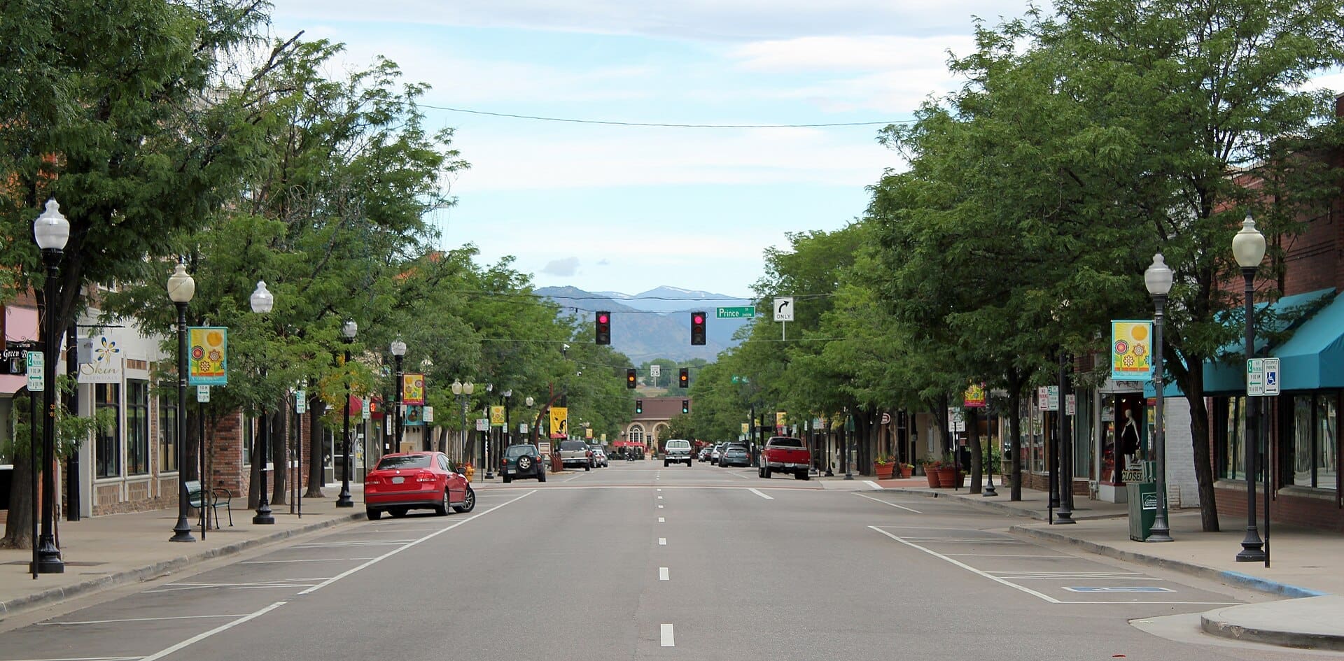 Mother's Day in Littleton: Downtown Main Street looking west to the foothills