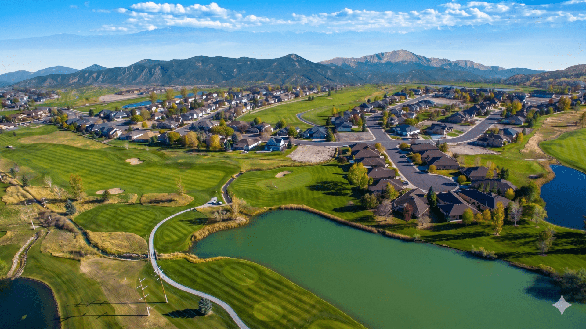 Aerial view of an upscale Denver Metro 55+ active adult community with golf course, homes, ponds, and Front Range mountain backdrop